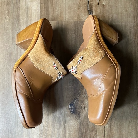 Vintage 90s Cloudsteppers western leather calf hair embroidered mules - Picture 7 of 9